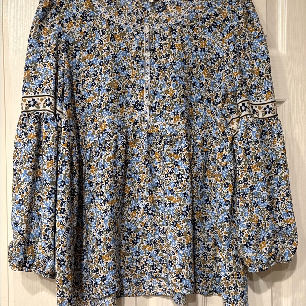 MAX STUDIO Ditsy Floral Blouse Size XL Blue Green Yellow Pattern Bishop Sleeves